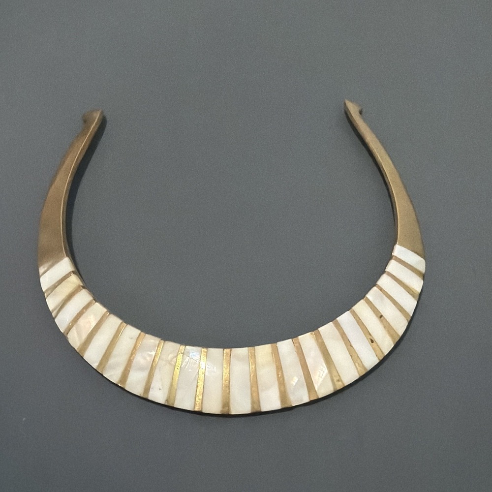 Brass Mother of Pearl Torc Necklace Choker Boho Vintage Read Solid